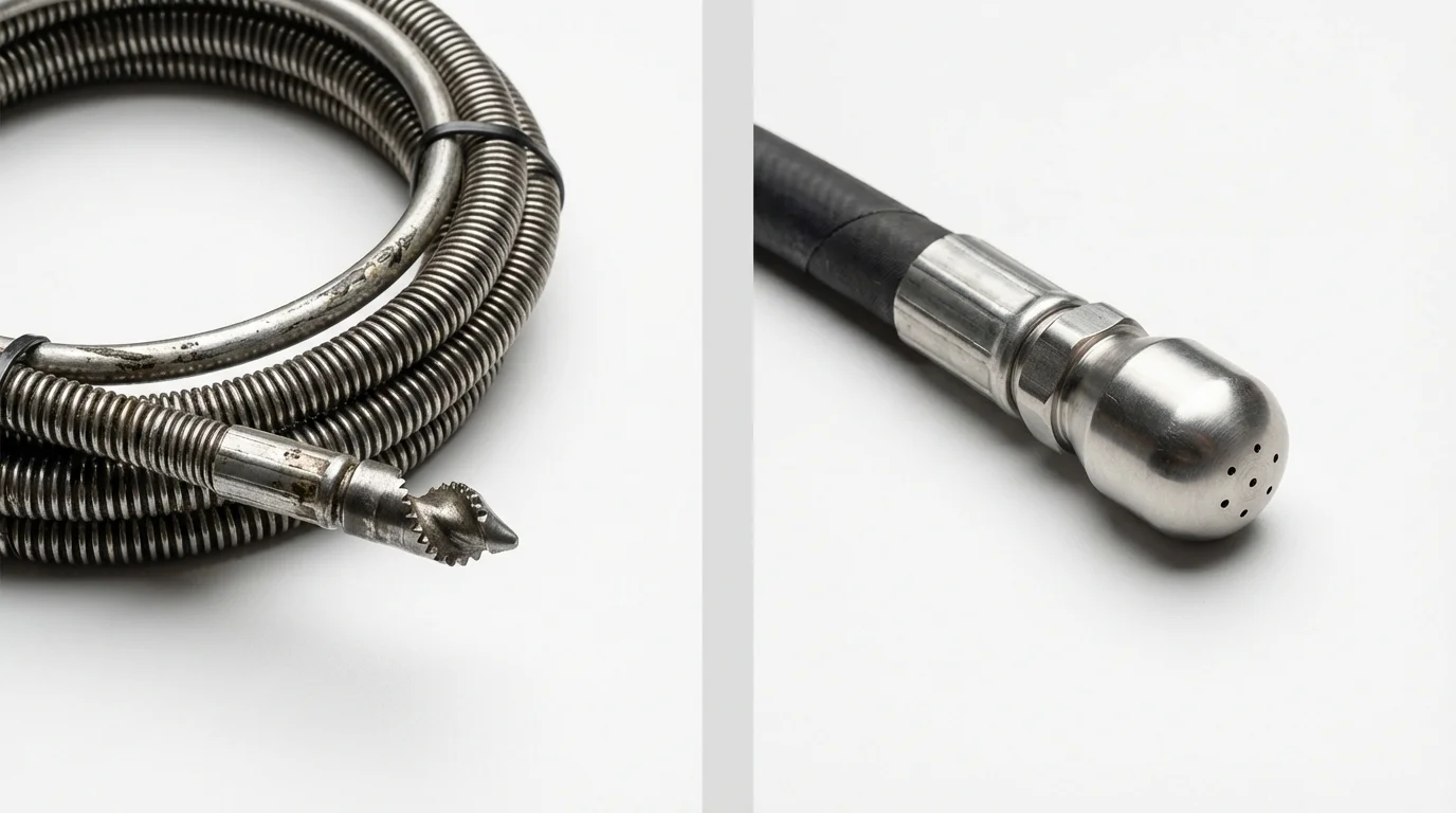 Drain snake cable and hydro jetting nozzle used for drain cleaning in Hanson, MA